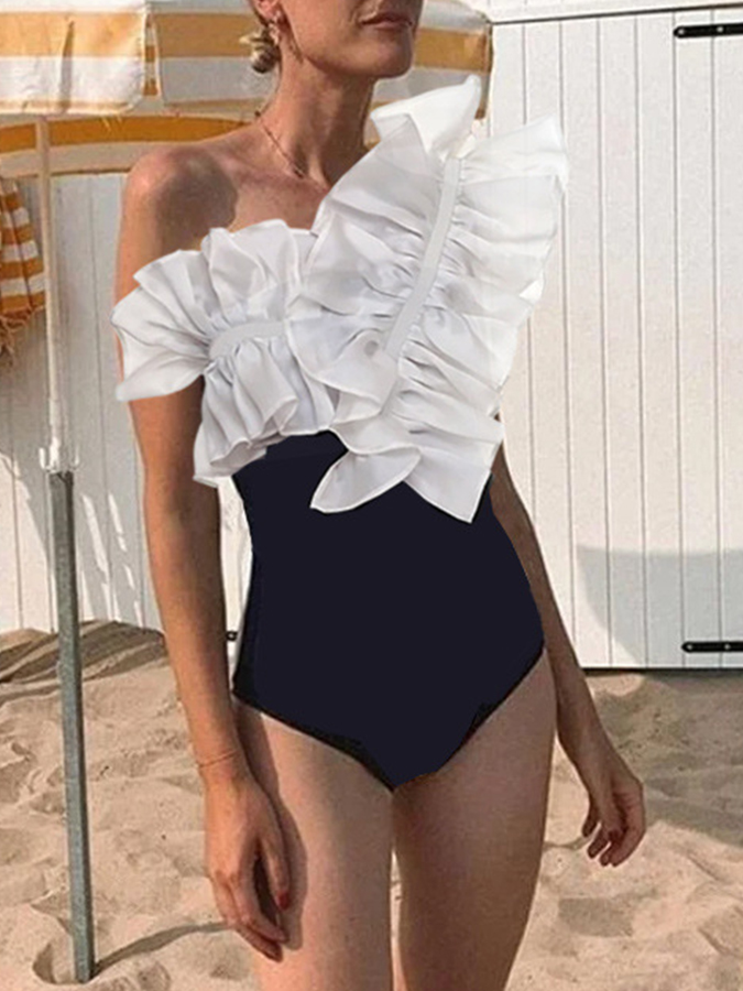Lace Mesh Flounce Paneled One Piece Swimsuit