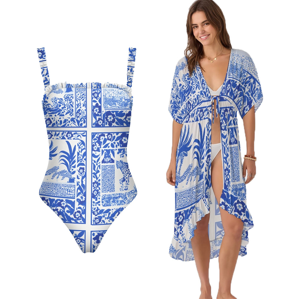 Geometric Floral Print Straight Neckline One-Piece Swimsuit with Tie-Front Cover-Up