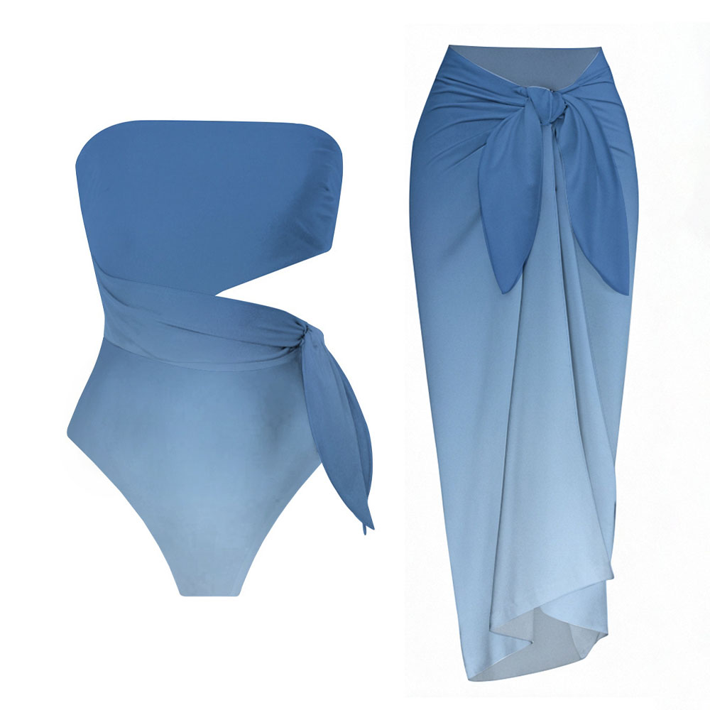 Elegant Blue Gradient Knot Detail One-Piece Swimsuit and Sarong Skirt
