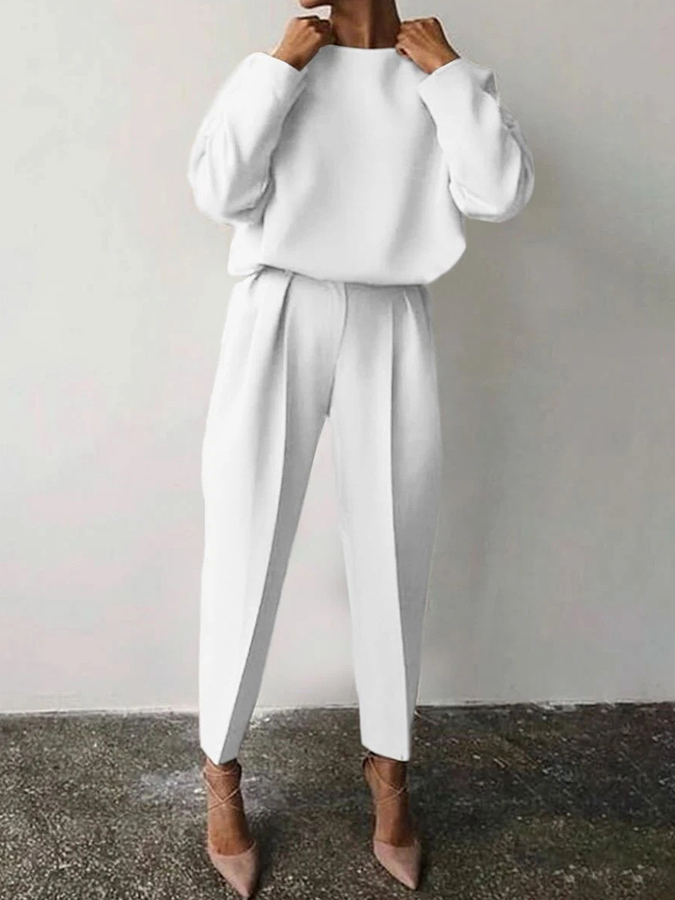 Solid Long Sleeves Casual Round Neck Top and Pants Sets