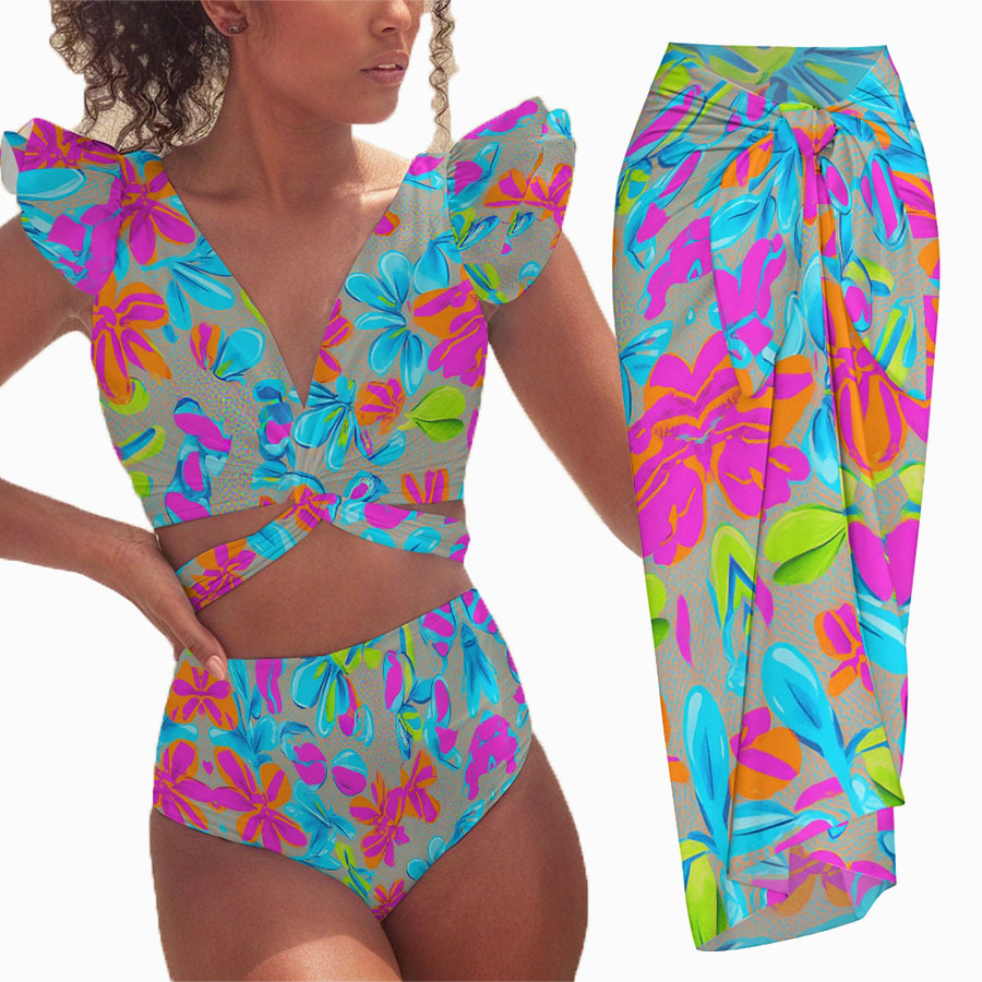 Colorful Floral Deep V Ruffle Bikini Swimsuit with Matching Sarong