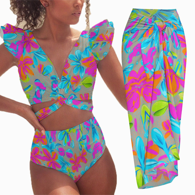 Colorful Floral Deep V Ruffle Bikini Swimsuit with Matching Sarong