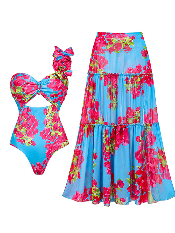 Ruffle Removable Shoulder Strap Pink Bougainvillea Flower Printed One Piece Swimsuit and Skirt