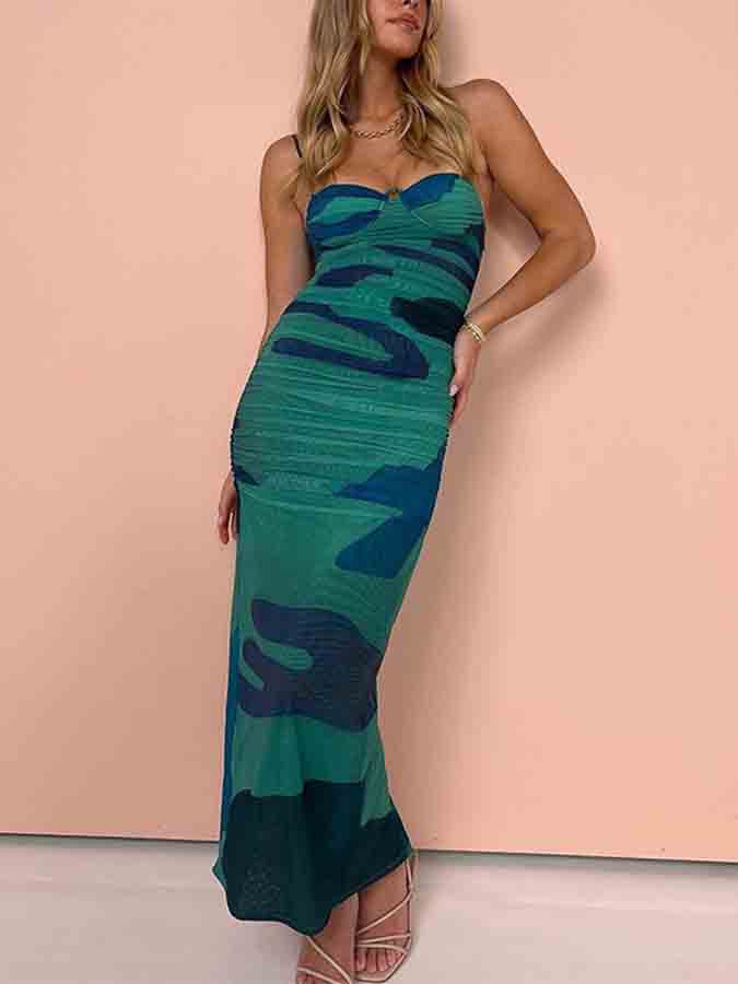 Green Printed Slim Croset Maxi Dress