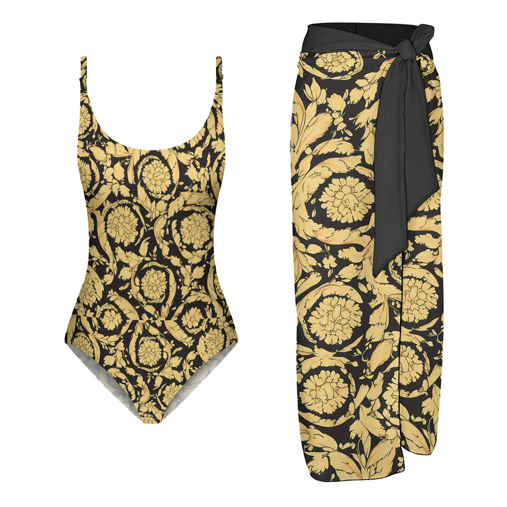 Women's Gold Floral Baroque Print One Piece Swimsuit with Matching Sarong Skirt