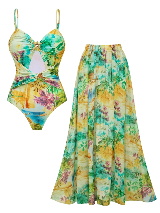 Tropical Island Landscape Floral Starfish Waist Twist Skirt Swimsuit