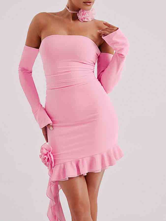 Off Shoulder Solid Ruffle Slim Mini Dress