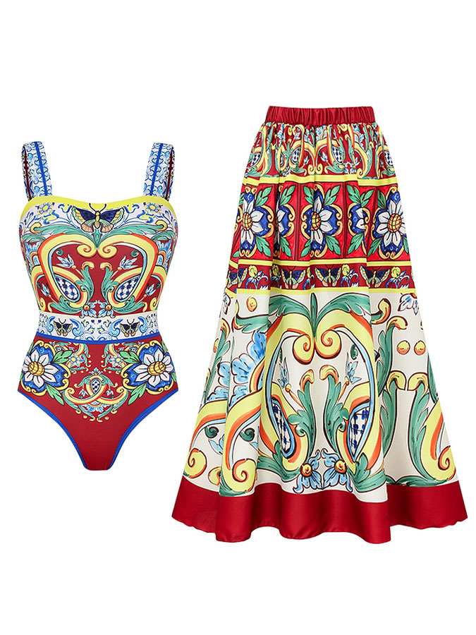 Sling Printed One Piece Swimsuit and Skirt