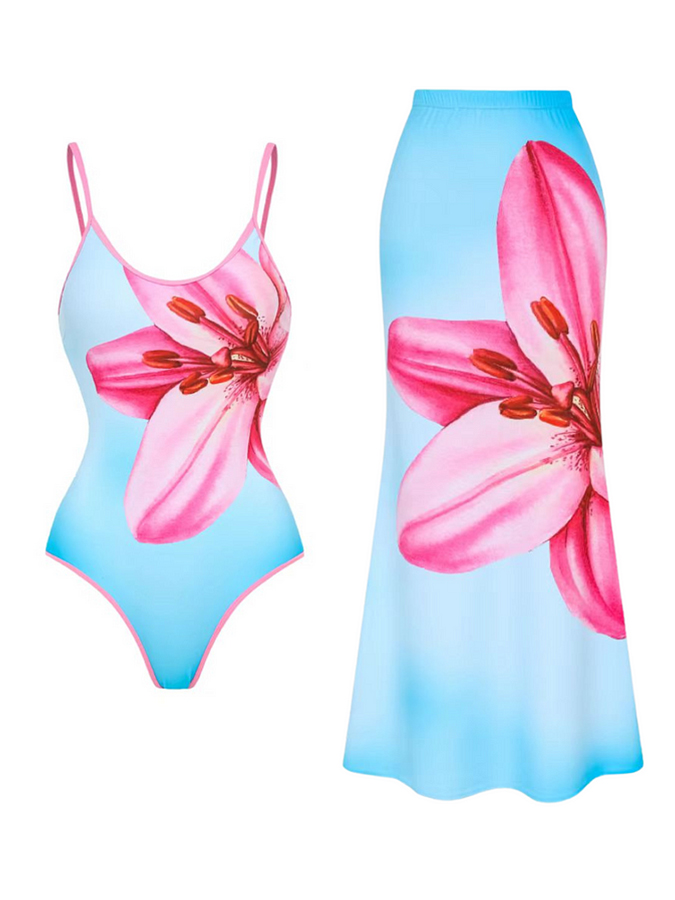 Flower Print One Piece Swimsuit and Skirt