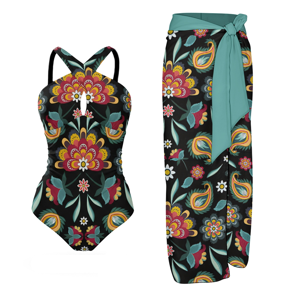 Women's Floral Crisscross Back One-Piece Swimsuit with Matching Sarong
