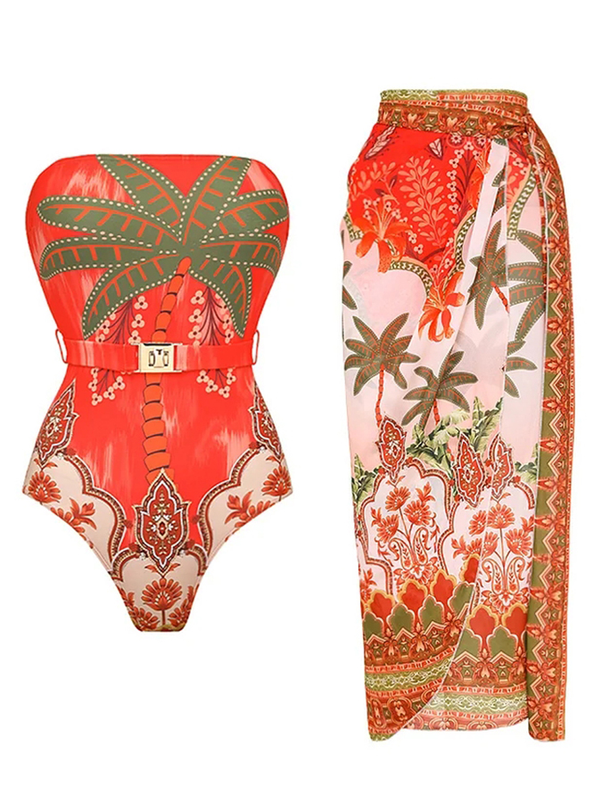 Off Shoulder Coconut Palm Print One Piece Swimsuit With Belt and Skirt