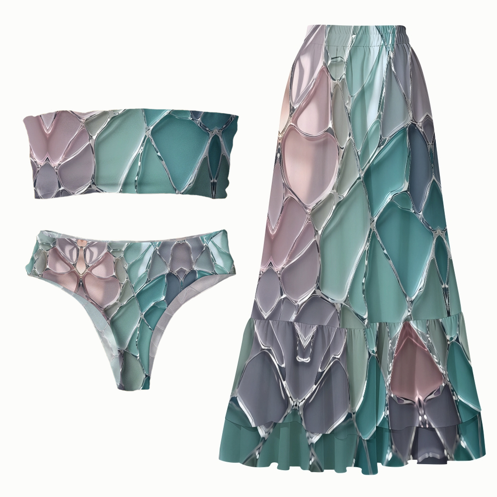 Abstract Stained Glass Bikini Set with Matching Tiered Maxi Skirt