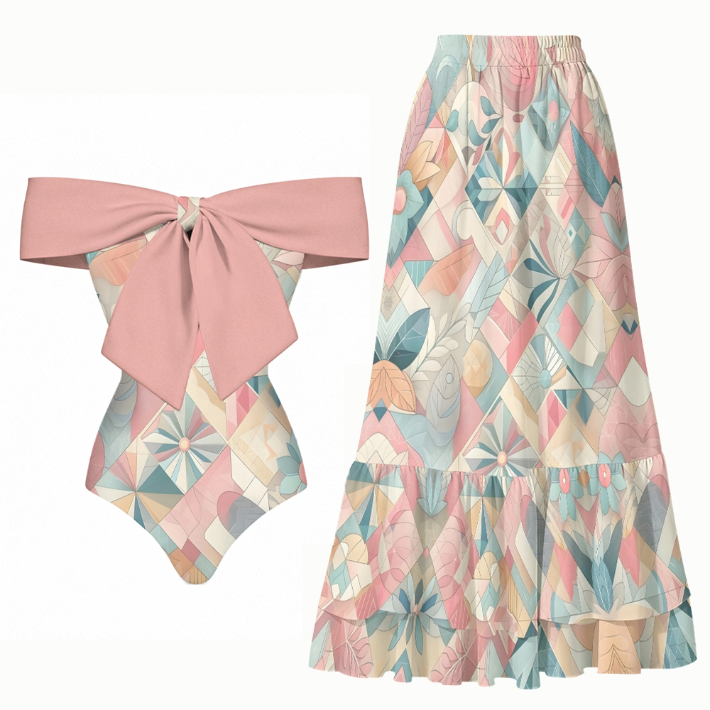 Pastel Geometric Bow Detail One Piece Swimsuit and Tiered Maxi Skirt Set