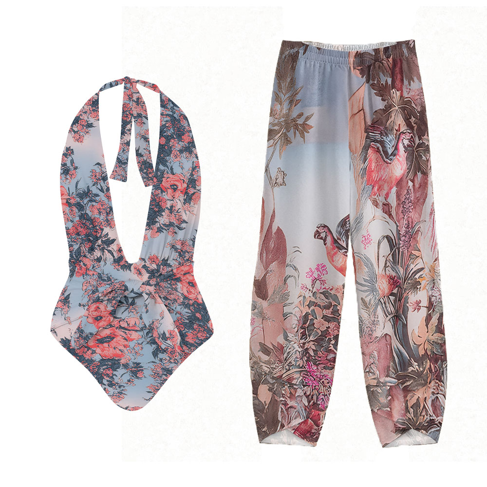Tropical Floral Halter One-Piece Swimsuit with Scenic Print Pants Set