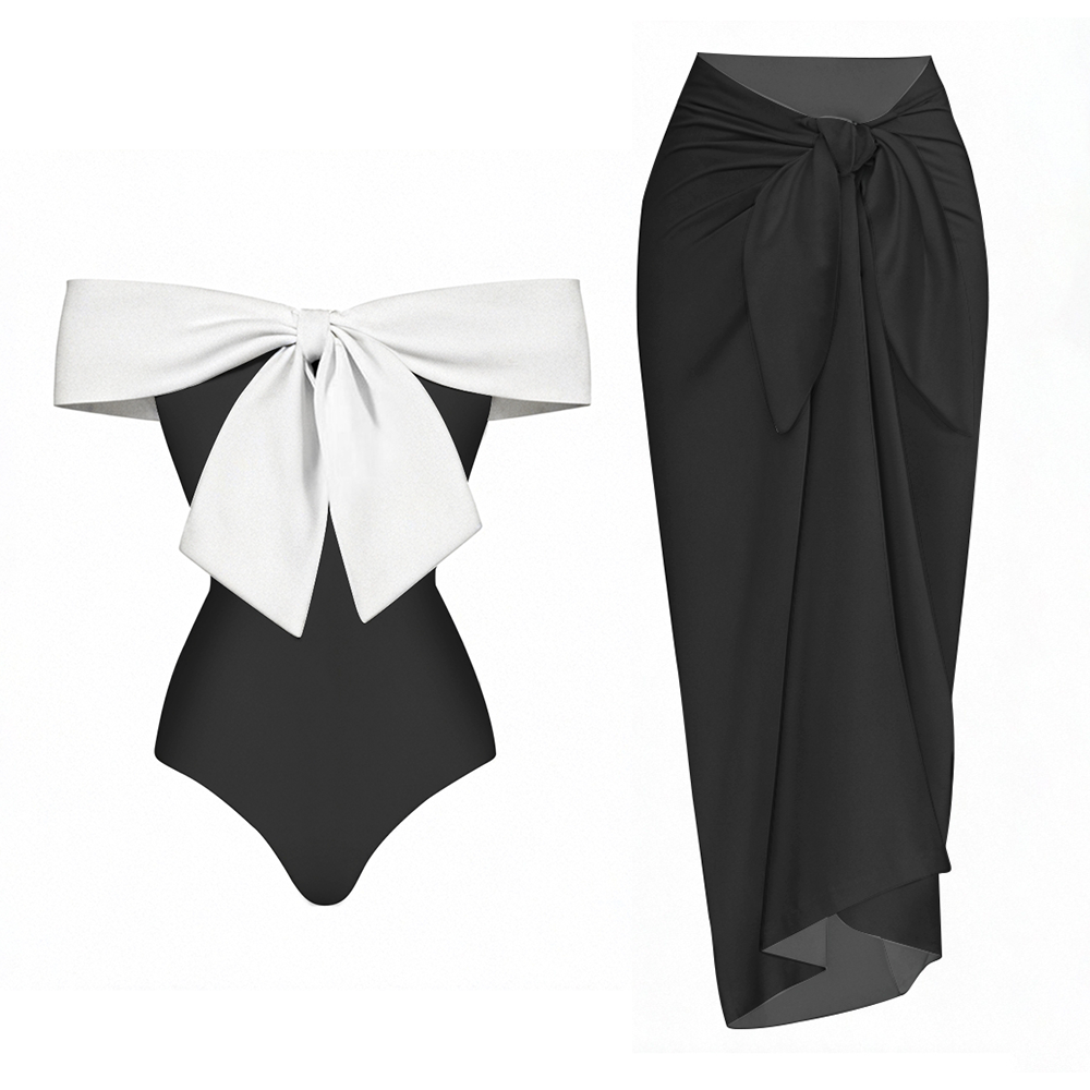 Black One Piece Swimsuit with White Bow and Matching Sarong Skirt