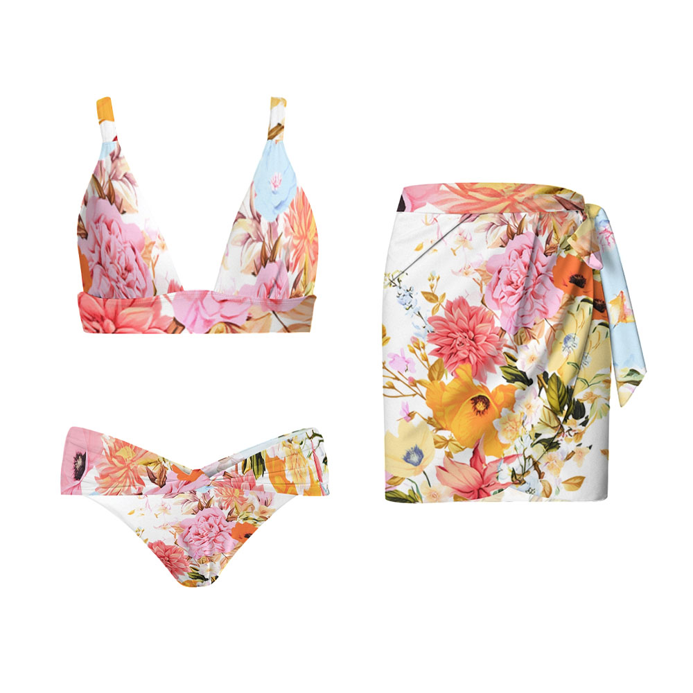 Floral Print Two-Piece Bikini Set and Wrap Sarong Skirt