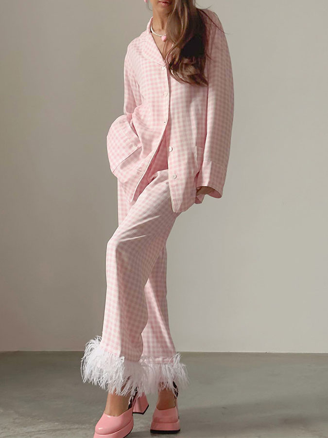 PInk Plaid Feather Long Sleeves Pajama Sets