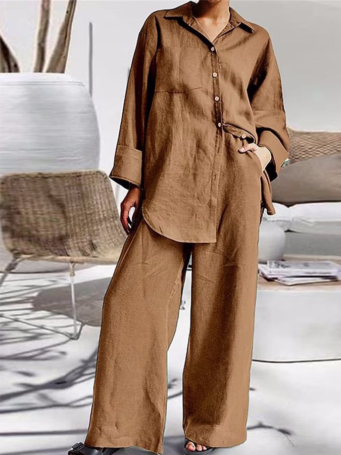 Long Sleeves Solid Shirt and Pants Sets