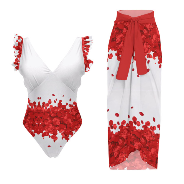 Petal Print Ruffled Shoulder One-Piece Swimsuit with Matching Sarong Skirt