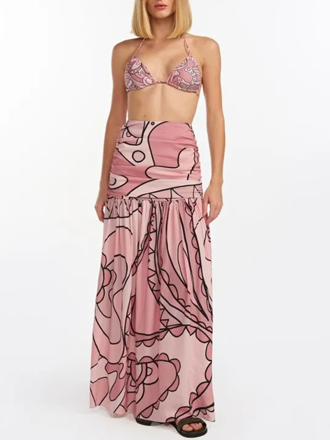 Pink Abstract Printed Bikini And Long Skirt