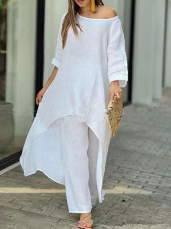 Long Sleeves Solid Round Neck Shirt and Pants Sets