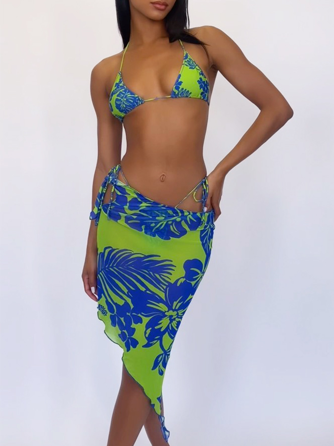 Green Printed Bikini and Skirt