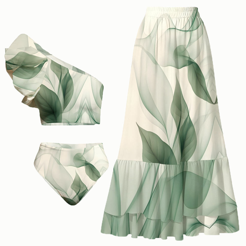 Leaf Print Ruffles Bikini Set with Matching Tiered Maxi Skirt