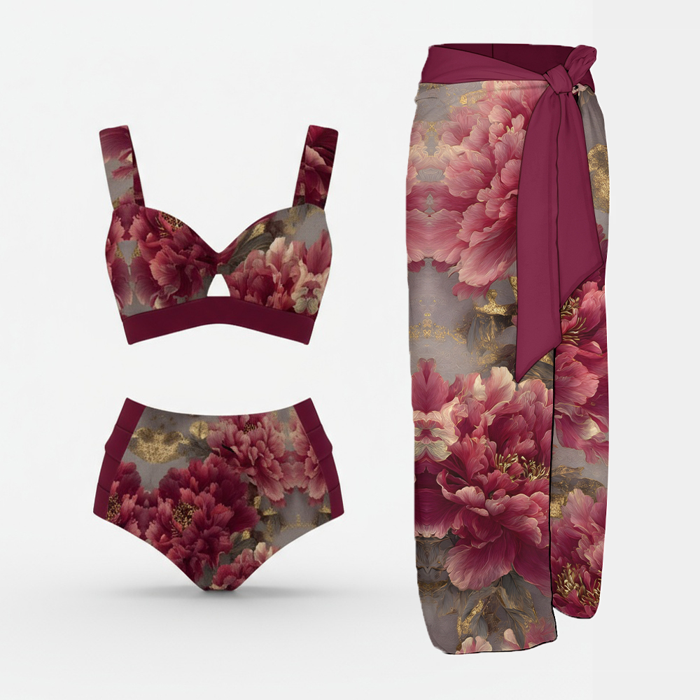 Vintage Peony Print Bikini Top High Waist Bottom and Wrap Skirt Three Piece Set