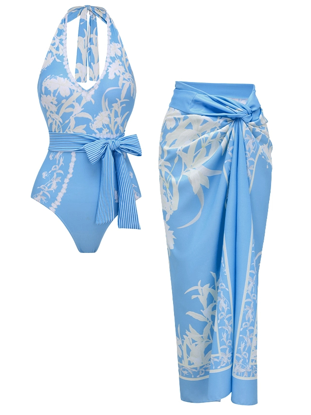 French Vacation Blue Floral Print Halter One-Piece with Tie Sarong