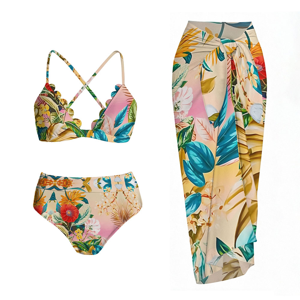 Tropical Floral One-Piece Swimsuit with Matching Sarong Skirt