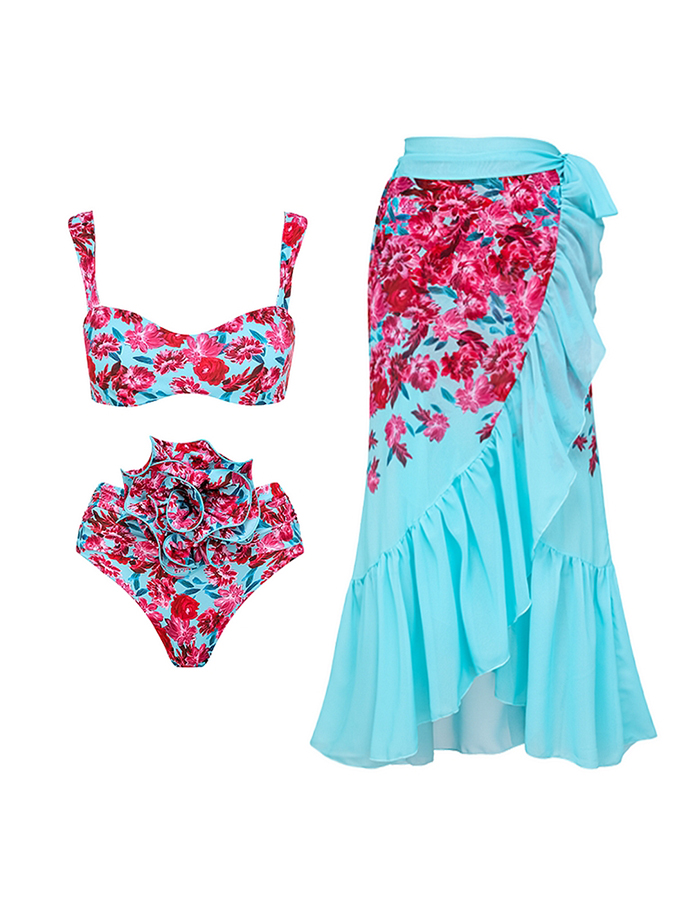 Halter Floral Print One Piece Swimsuit and Skirt or Sarong