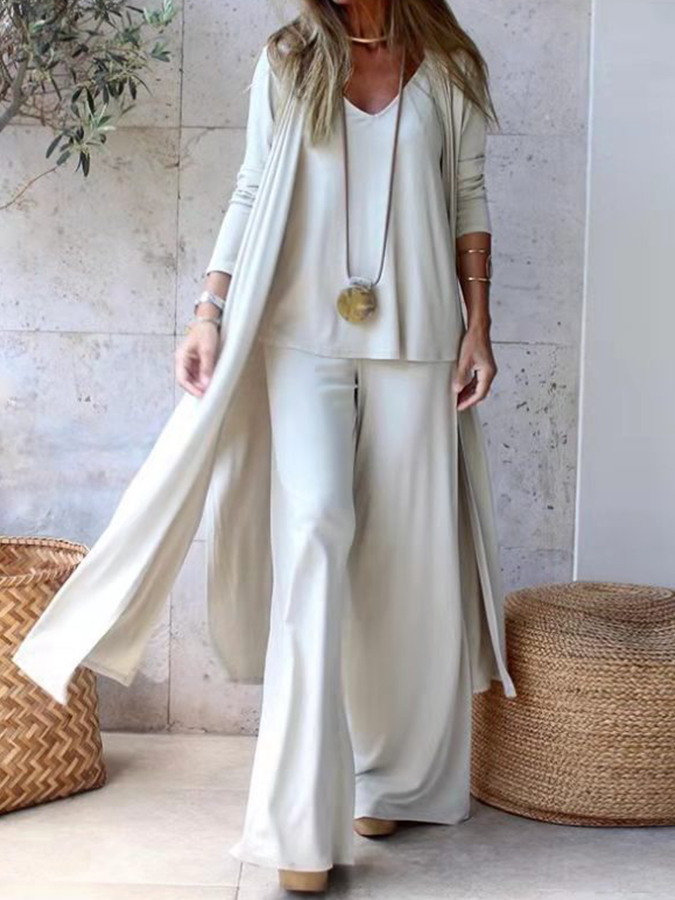 Solid Long Sleeves Cardigan Vest and Pants Three Pieces Sets