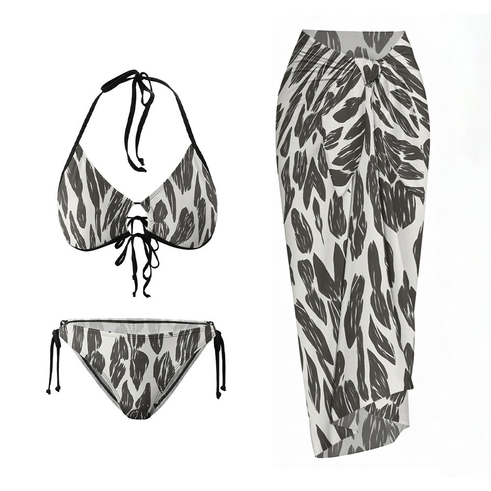 Minimalist Black and White Leaf Print Bikini with Matching Sarong Skir