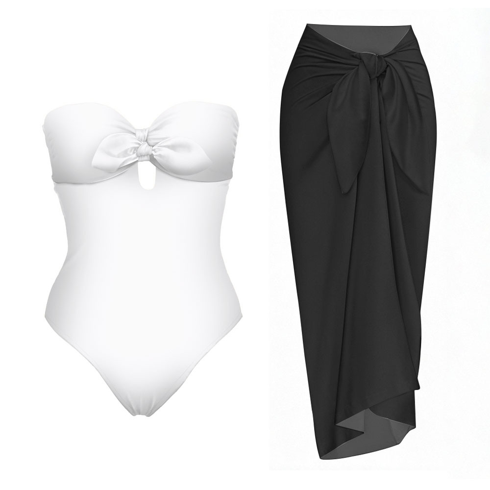 Strapless Bow Front One-Piece Swimsuit with Matching Sarong Skirt