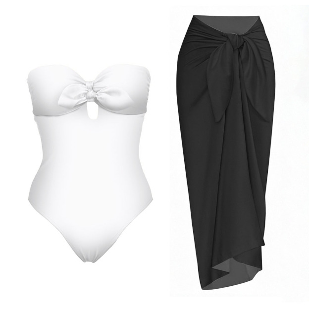 Strapless Bow Front One-Piece Swimsuit with Matching Sarong Skirt