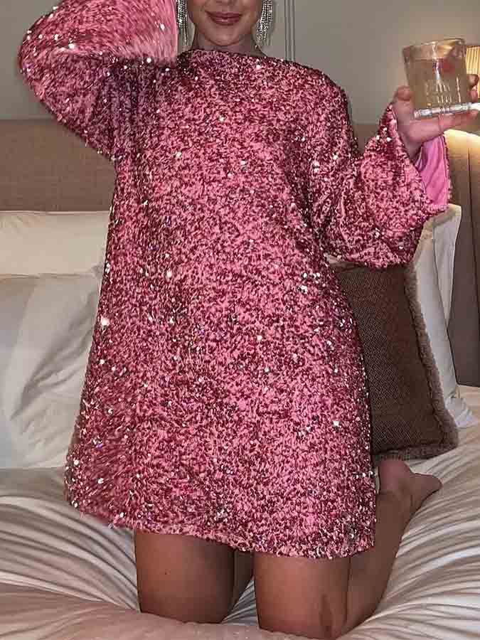 Sequined Long Sleeves Round Neck  Bow-tie Mini Stunning Party Dress