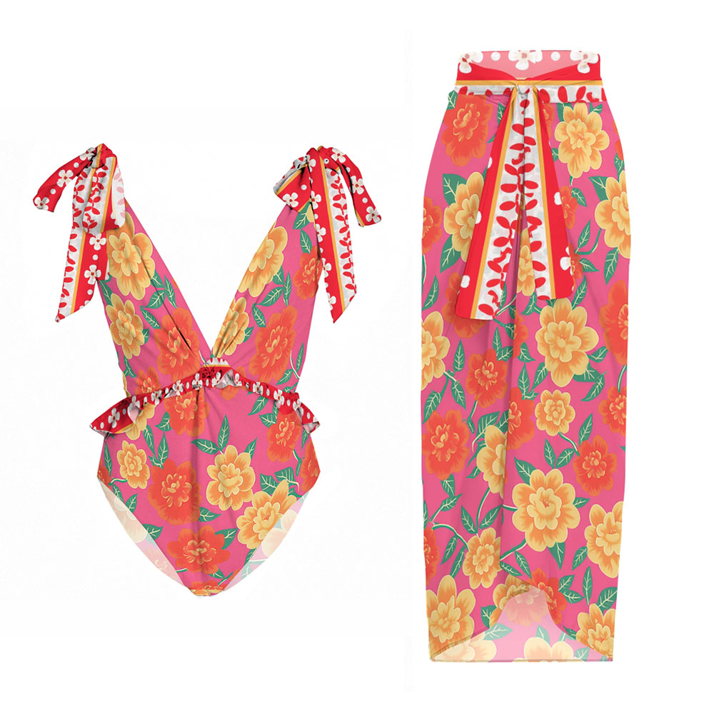 Tropical Floral One-Piece Swimsuit with Matching Sarong Skirt