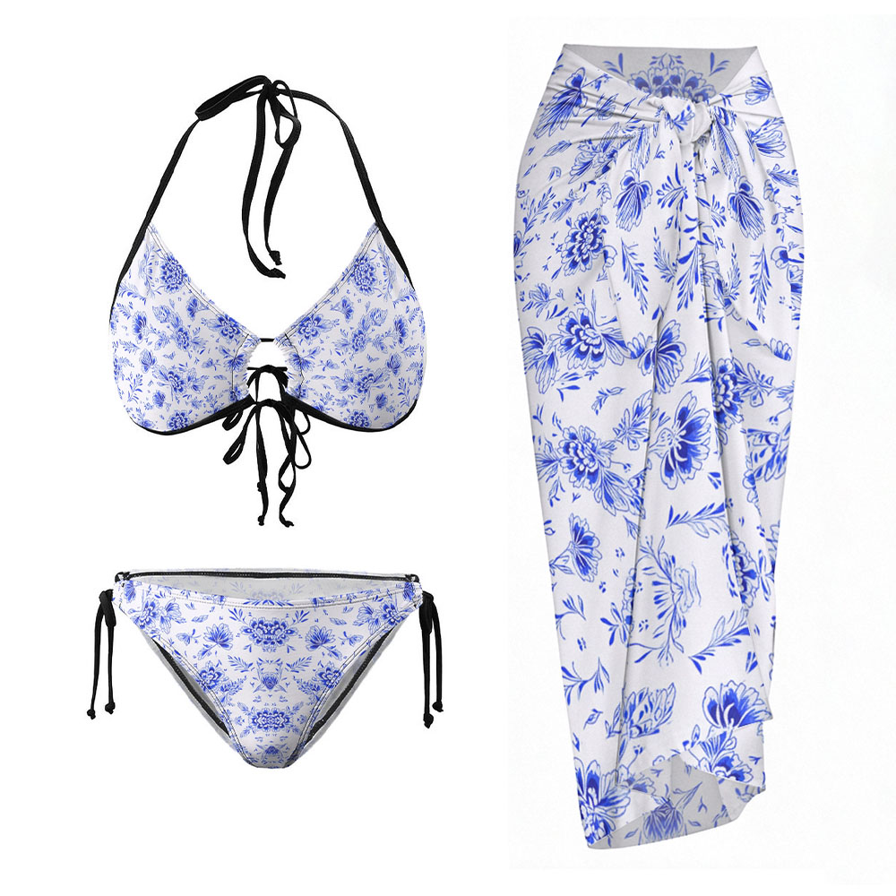 Blue Floral Print Halter Bikini Set with Matching Sarong Skirt