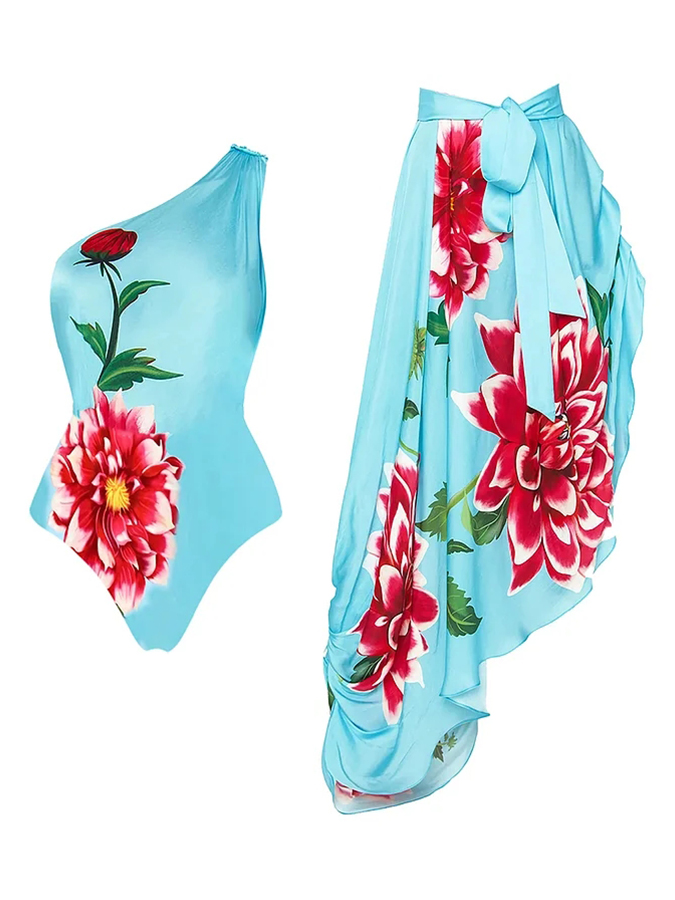 Flowers Printed One Shoulder One Piece Swimsuit and Skirt