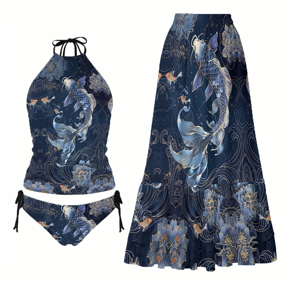 Oriental Koi Fish Tankini Swimsuit with Matching Maxi Skirt Set