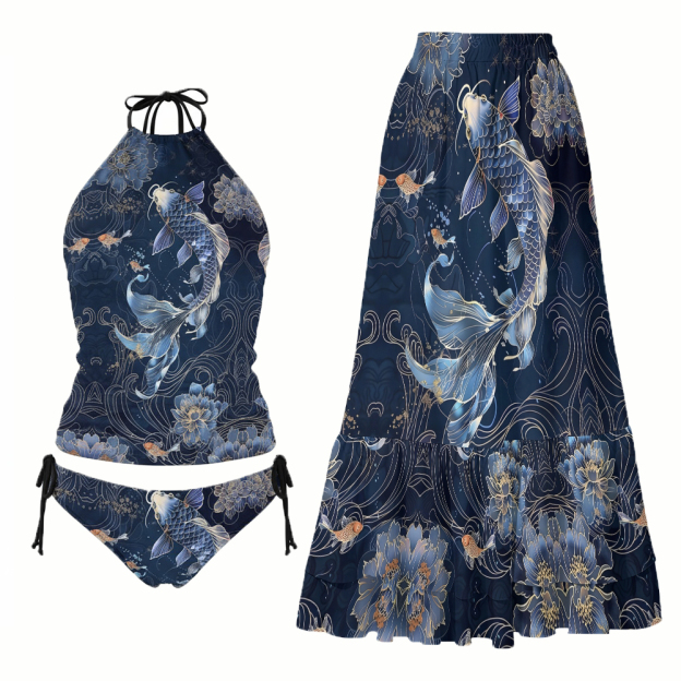 Oriental Koi Fish Tankini Swimsuit with Matching Maxi Skirt Set