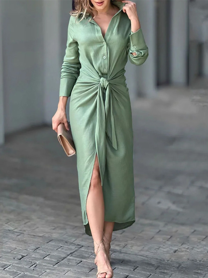 Light Green Long Sleeves Solid Lace-up Buttoned Shirt Dress