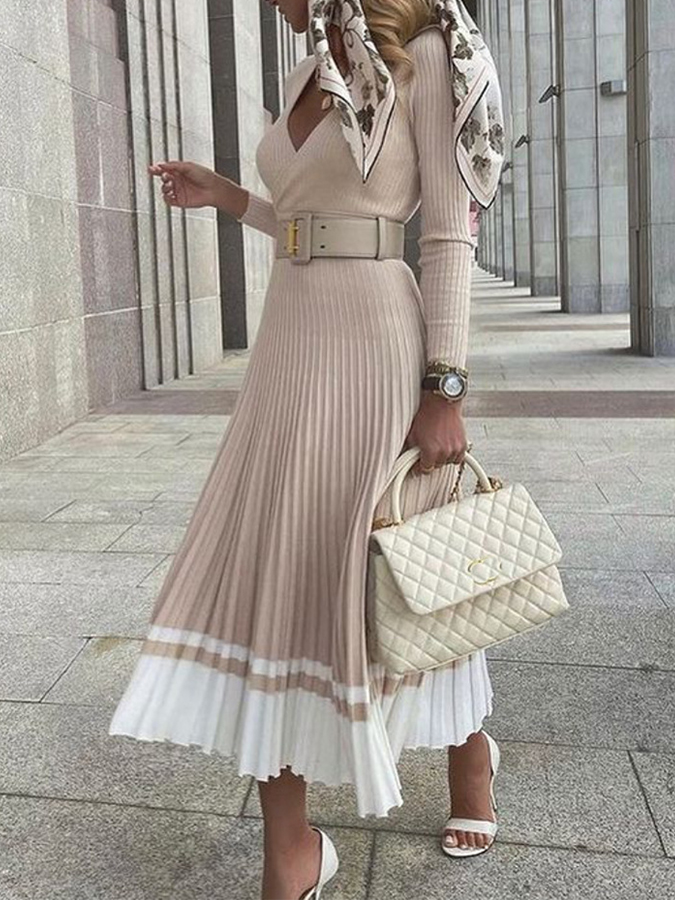 V-neck Knitted Pleated Dress