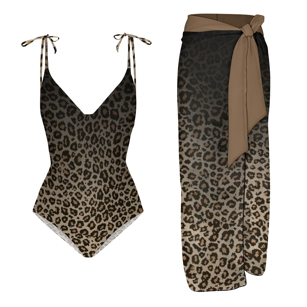 Women's Leopard Print Deep V-Neck One-Piece Swimsuit with Tie Shoulder Straps and Matching Skirt Set