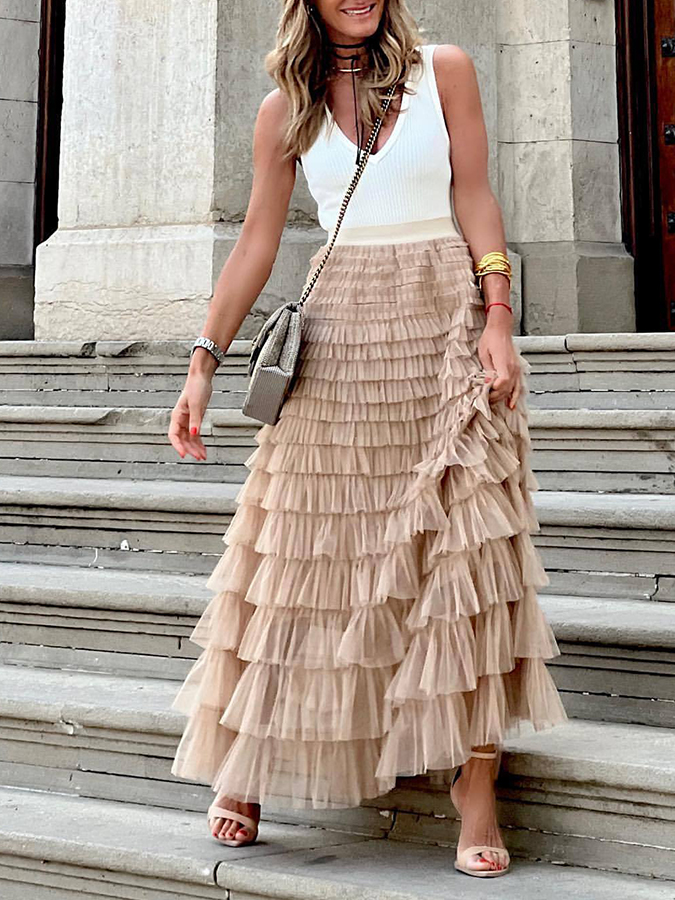 Solid Elastic Waist Mesh Cake Skirt