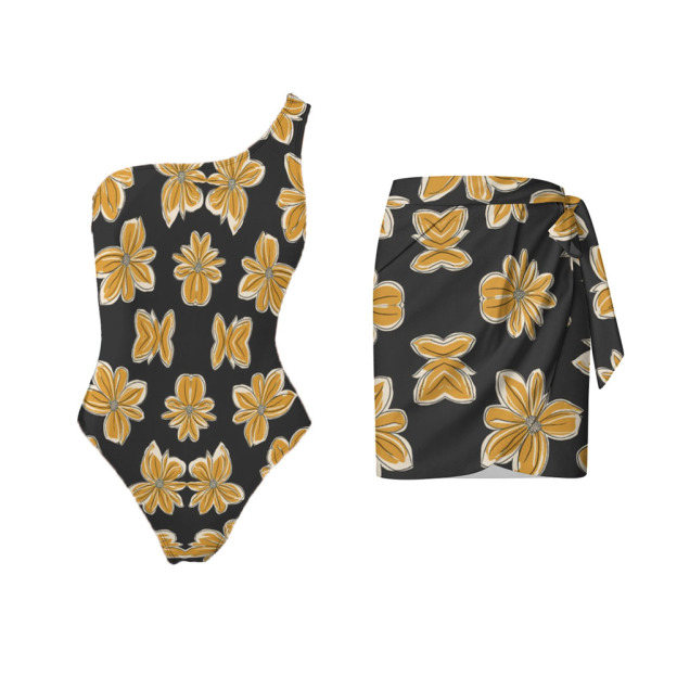Floral Print One-Shoulder One-Piece Swimsuit and Mini Tie Wrap Skirt