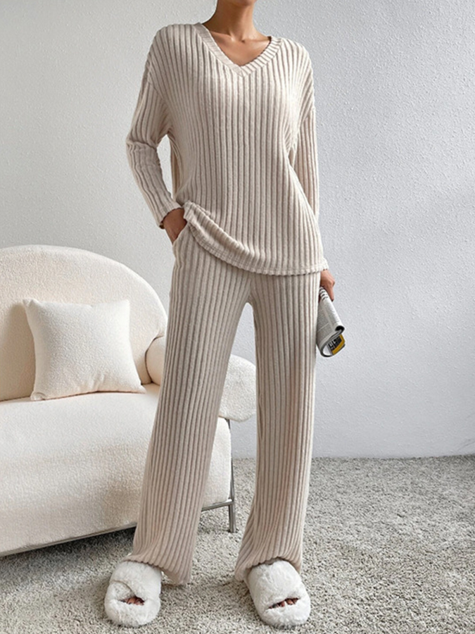 V Neck Long Sleeves Solid Top and Pants Two Pieces Sets