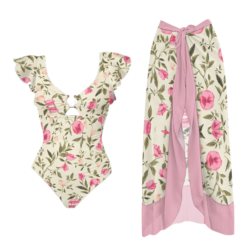 Floral Ruffle One-piece Swimsuit with Matching Wrap Skirt