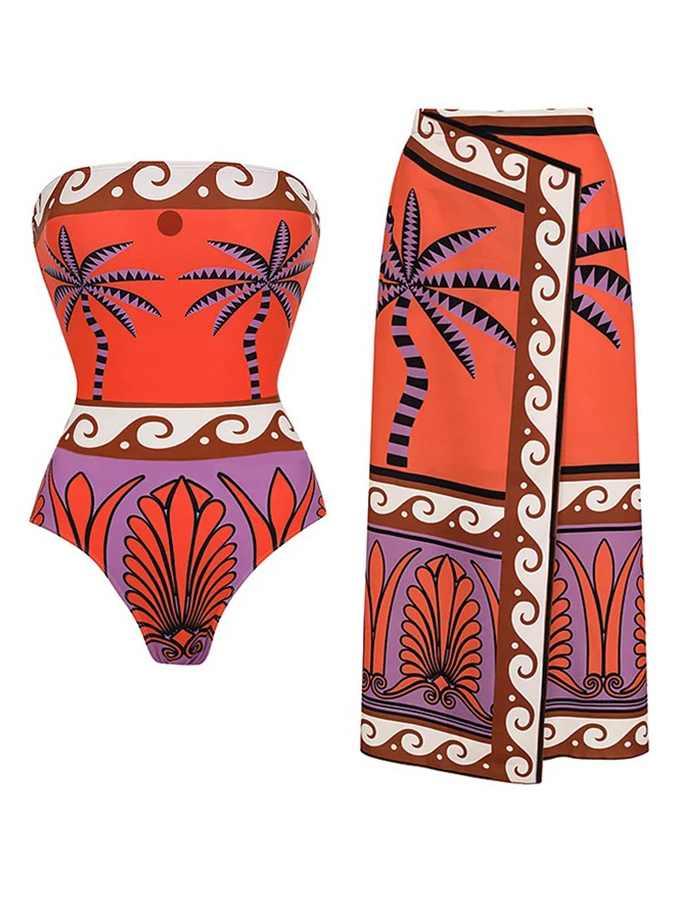 Off Shoulder Printed One Piece Swimsuit and Skirt