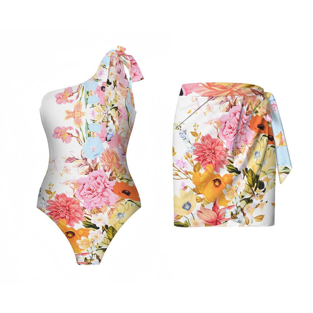 Floral One-Shoulder One-Piece Swimsuit and Wrap Sarong Skirt